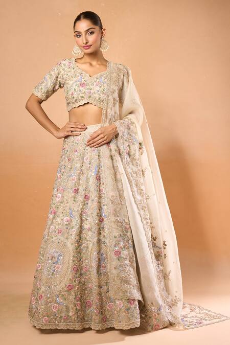 Buy_Azeera_Off White Chiffon, Silk Embroidery Scoop Neck Floral Thread Lehenga Set_Online_at_Aza_Fashions