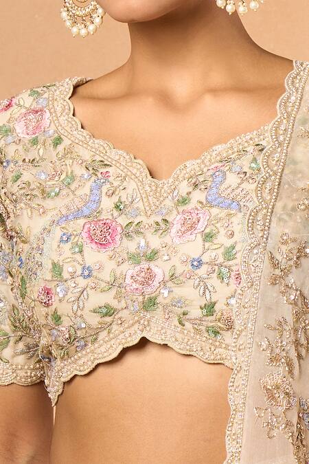 Shop_Azeera_Off White Chiffon, Silk Embroidery Scoop Neck Floral Thread Lehenga Set_Online_at_Aza_Fashions