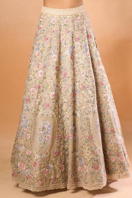 Azeera_Off White Chiffon, Silk Embroidery Scoop Neck Floral Thread Lehenga Set_at_Aza_Fashions