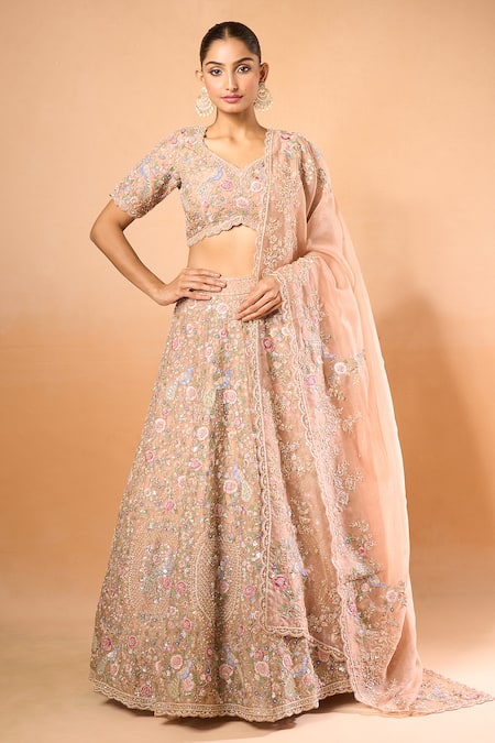 Azeera_Peach Chiffon Embroidery, Sequins Round Neck Floral Thread Lehenga Set _Online_at_Aza_Fashions
