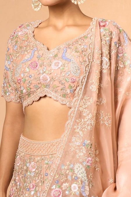 Buy_Azeera_Peach Chiffon Embroidery, Sequins Round Neck Floral Thread Lehenga Set _Online_at_Aza_Fashions