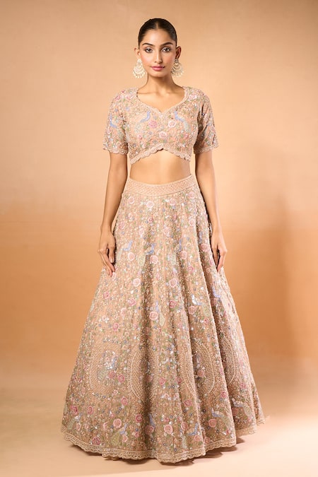 Shop_Azeera_Peach Chiffon Embroidery, Sequins Round Neck Floral Thread Lehenga Set _Online_at_Aza_Fashions