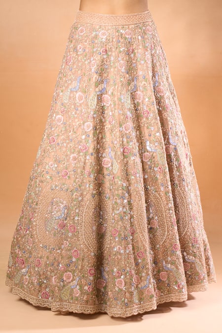 Azeera_Peach Chiffon Embroidery, Sequins Round Neck Floral Thread Lehenga Set _at_Aza_Fashions