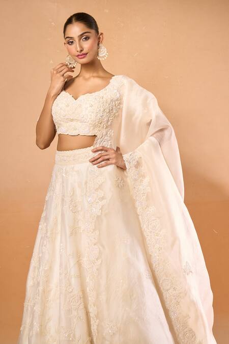 Azeera_Ivory Chiffon Embroidery, Sequins Scoop Neck Floral Lehenga And Blouse Set _Online_at_Aza_Fashions