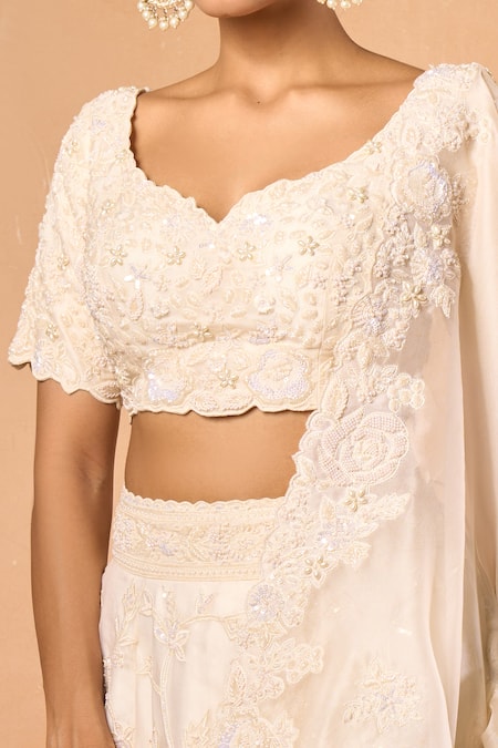 Buy_Azeera_Ivory Chiffon Embroidery, Sequins Scoop Neck Floral Lehenga And Blouse Set _Online_at_Aza_Fashions