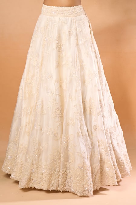 Shop_Azeera_Ivory Chiffon Embroidery, Sequins Scoop Neck Floral Lehenga And Blouse Set _Online_at_Aza_Fashions