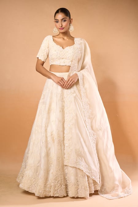 Azeera_Ivory Chiffon Embroidery, Sequins Scoop Neck Floral Lehenga And Blouse Set _at_Aza_Fashions