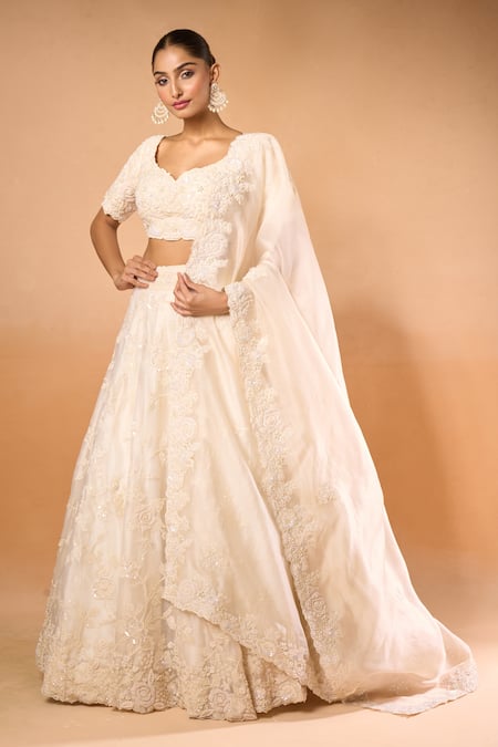Buy_Azeera_Ivory Chiffon Embroidery, Sequins Scoop Neck Floral Lehenga And Blouse Set 