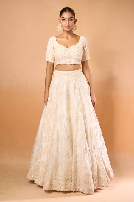 Shop_Azeera_Ivory Chiffon Embroidery, Sequins Scoop Neck Floral Lehenga And Blouse Set 