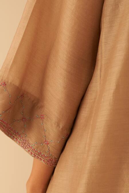 Shop_Janki India_Beige Chanderi, Organza Embroidery Round Neck Resham Jaal Kurta Set _Online_at_Aza_Fashions