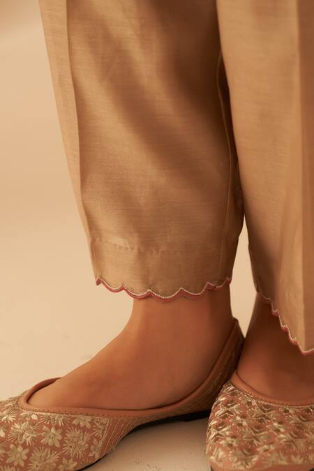 Janki India_Beige Chanderi, Organza Embroidery Round Neck Resham Jaal Kurta Set _at_Aza_Fashions