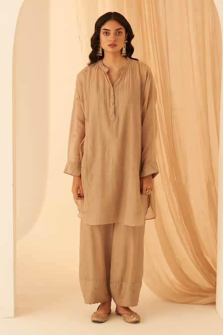Janki India Beige Chanderi, Organza Embroidery Split V-neck Champagne Floral Buti Kurta Set 