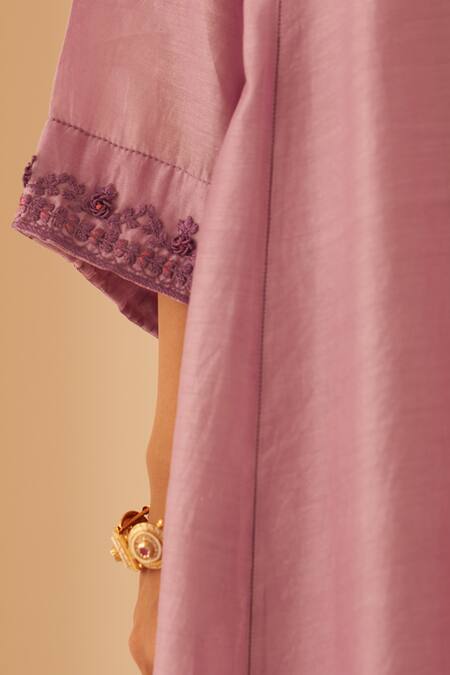 Janki India_Lilac Chanderi, Cotton, Organza Embroidery V-neck Bullion Work Kurta Set _Online_at_Aza_Fashions