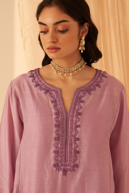 Shop_Janki India_Lilac Chanderi, Cotton, Organza Embroidery V-neck Bullion Work Kurta Set _Online_at_Aza_Fashions