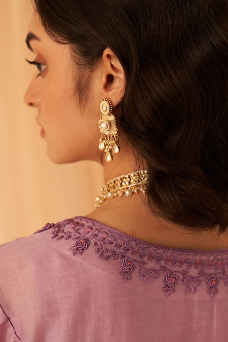 Janki India_Lilac Chanderi, Cotton, Organza Embroidery V-neck Bullion Work Kurta Set _at_Aza_Fashions