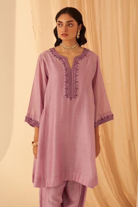 Shop_Janki India_Lilac Chanderi, Cotton, Organza Embroidery V-neck Bullion Work Kurta Set _at_Aza_Fashions