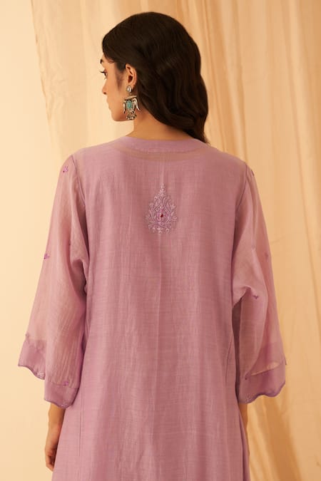 Shop_Janki India_Lilac Chanderi, Organza Embroidery Round Neck Floral Kurta Set _at_Aza_Fashions