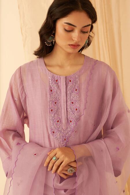 Buy_Janki India_Lilac Chanderi, Organza Embroidery Round Neck Floral Kurta Set _Online_at_Aza_Fashions