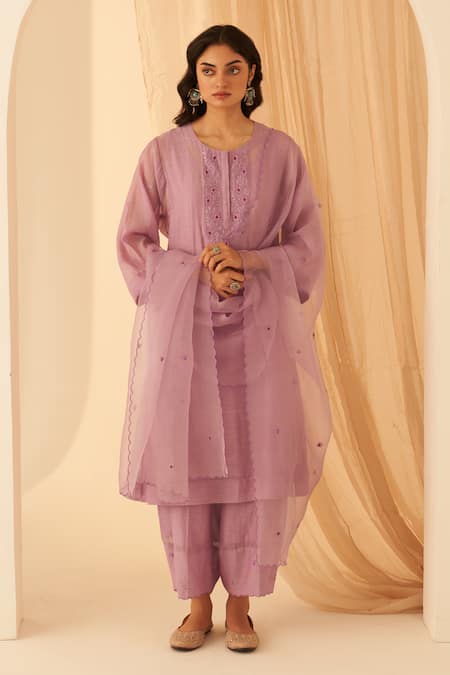 Janki India Lilac Chanderi, Organza Embroidery Round Neck Floral Kurta Set 