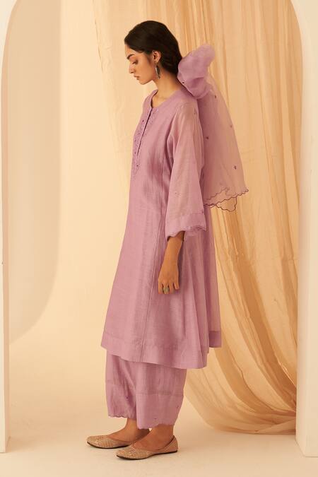 Shop_Janki India_Lilac Chanderi, Organza Embroidery Round Neck Floral Kurta Set _Online_at_Aza_Fashions