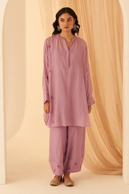 Janki India Lilac Chanderi Embroidery Split V-neck Floral Buta Tunic Set 
