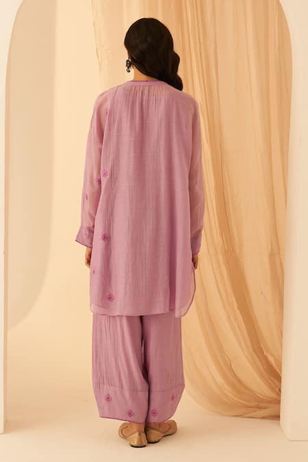 Shop_Janki India_Lilac Chanderi Embroidery Split V-neck Floral Buta Tunic Set _at_Aza_Fashions