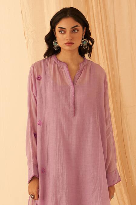 Janki India_Lilac Chanderi Embroidery Split V-neck Floral Buta Tunic Set _Online_at_Aza_Fashions