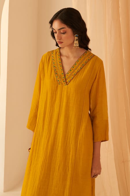 Shop_Janki India_Mustard Chanderi, Organza Embroidery V-neck Bullion Work Kurta Set _at_Aza_Fashions