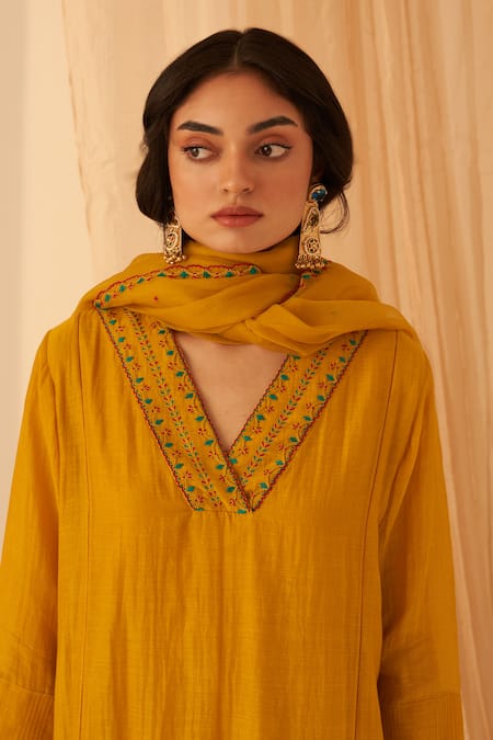 Shop_Janki India_Mustard Chanderi, Organza Embroidery V-neck Bullion Work Kurta Set _Online_at_Aza_Fashions