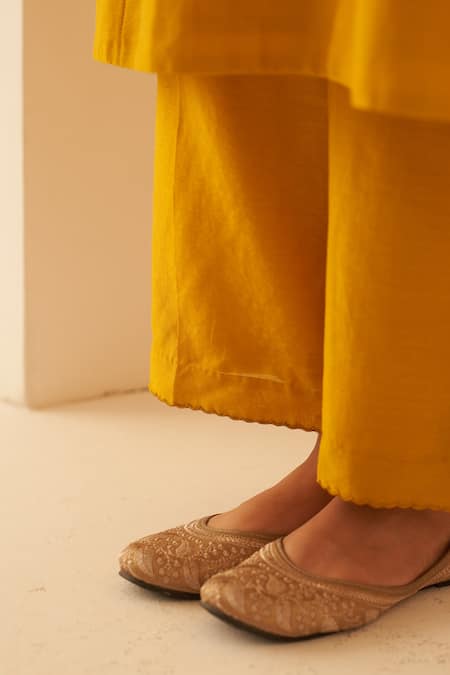 Janki India Mustard Chanderi, Organza Embroidery Round Neck Floral Katha Stitched Kurta Set Online at Aza Fashions Janki India_Mustard Chanderi, Organza Embroidery Round Neck Floral Katha Stitched Kurta Set _Online_at_Aza_Fashions