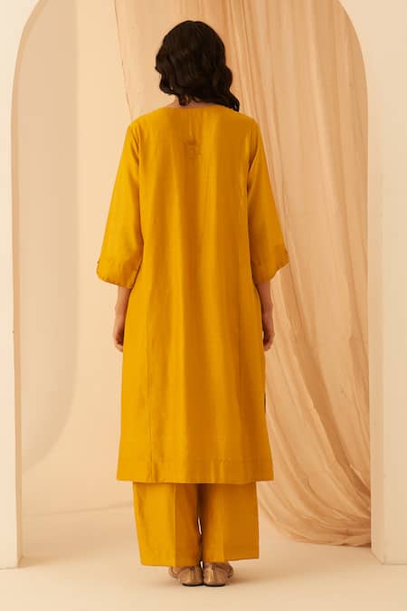 Shop Janki India Mustard Chanderi, Organza Embroidery Round Neck Floral Katha Stitched Kurta Set at Aza Fashions Shop_Janki India_Mustard Chanderi, Organza Embroidery Round Neck Floral Katha Stitched Kurta Set _at_Aza_Fashions