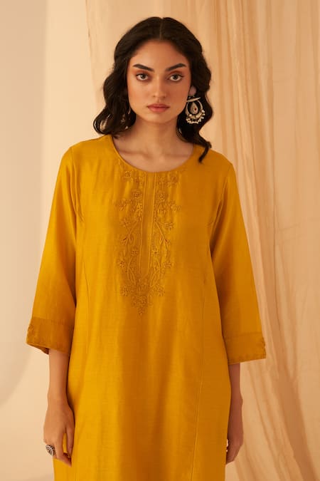 Buy Janki India Mustard Chanderi, Organza Embroidery Round Neck Floral Katha Stitched Kurta Set Online at Aza Fashions Buy_Janki India_Mustard Chanderi, Organza Embroidery Round Neck Floral Katha Stitched Kurta Set _Online_at_Aza_Fashions