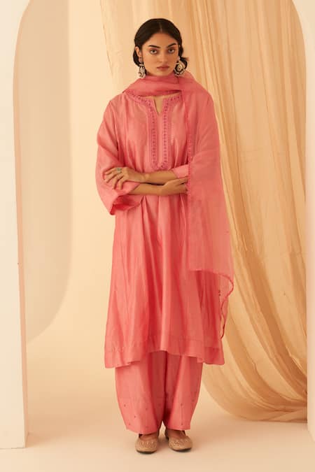 Janki India Pink Chanderi, Cotton, Organza Zari Split V-neck Embroidered Kurta Set 