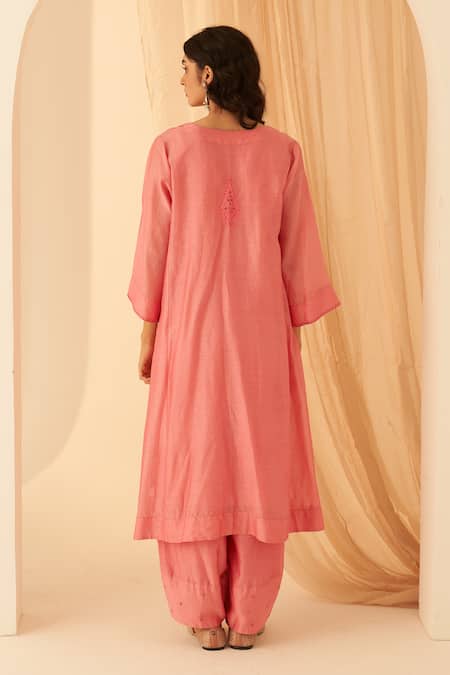 Shop_Janki India_Pink Chanderi, Cotton, Organza Zari Split V-neck Embroidered Kurta Set _at_Aza_Fashions