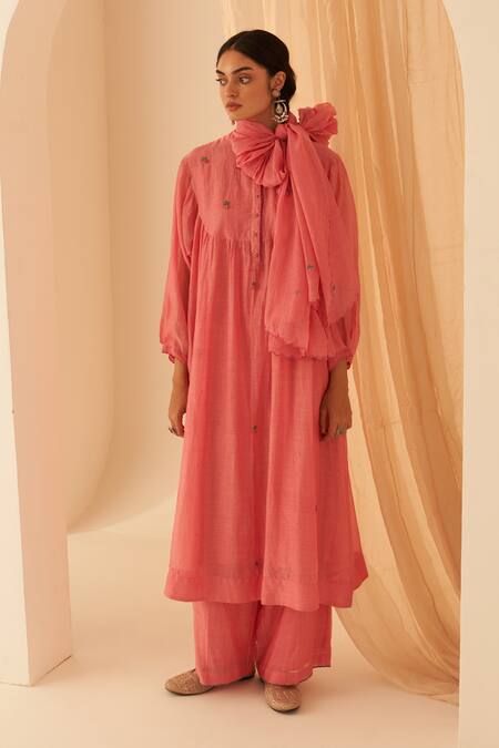 Janki India Pink Chanderi, Cotton, Organza Embroidery Button-down Bullion Work Kurta Set Online at Aza Fashions Janki India_Pink Chanderi, Cotton, Organza Embroidery Button-down Bullion Work Kurta Set _Online_at_Aza_Fashions