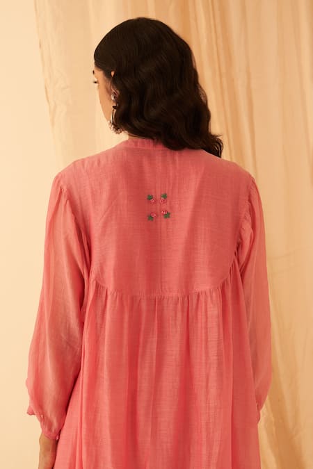 Shop Janki India Pink Chanderi, Cotton, Organza Embroidery Button-down Bullion Work Kurta Set at Aza Fashions Shop_Janki India_Pink Chanderi, Cotton, Organza Embroidery Button-down Bullion Work Kurta Set _at_Aza_Fashions