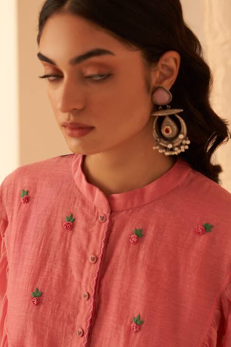 Shop Janki India Pink Chanderi, Cotton, Organza Embroidery Button-down Bullion Work Kurta Set Online at Aza Fashions Shop_Janki India_Pink Chanderi, Cotton, Organza Embroidery Button-down Bullion Work Kurta Set _Online_at_Aza_Fashions