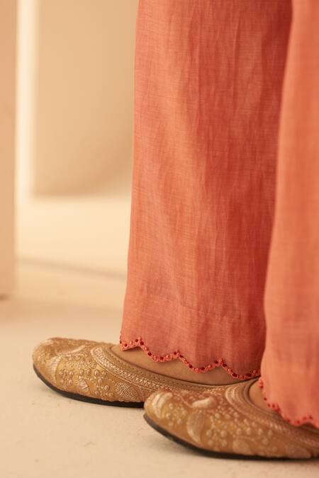 Buy Janki India Peach Chanderi, Organza Embroidery Split V-neck Floral Kurta Set Online at Aza Fashions Buy_Janki India_Peach Chanderi, Organza Embroidery Split V-neck Floral Kurta Set _Online_at_Aza_Fashions