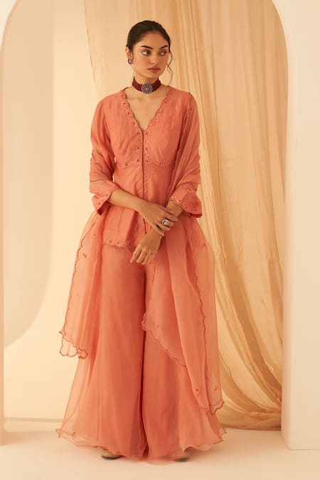 Janki India Peach Chanderi, Organza Embroidery V-neck Peplum Set 