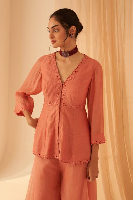 Buy Janki India Peach Chanderi, Organza Embroidery V-neck Peplum Set Online at Aza Fashions Buy_Janki India_Peach Chanderi, Organza Embroidery V-neck Peplum Set _Online_at_Aza_Fashions