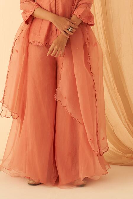 Shop Janki India Peach Chanderi, Organza Embroidery V-neck Peplum Set Online at Aza Fashions Shop_Janki India_Peach Chanderi, Organza Embroidery V-neck Peplum Set _Online_at_Aza_Fashions