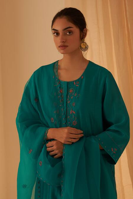 Buy Janki India Turquoise Chanderi, Organza Zari, Embroidery Round Neck Work Kurta Set Online at Aza Fashions Buy_Janki India_Turquoise Chanderi, Organza Zari, Embroidery Round Neck Work Kurta Set _Online_at_Aza_Fashions