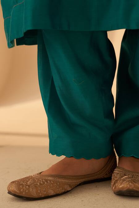 Shop Janki India Turquoise Chanderi, Organza Zari, Embroidery Round Neck Work Kurta Set Online at Aza Fashions Shop_Janki India_Turquoise Chanderi, Organza Zari, Embroidery Round Neck Work Kurta Set _Online_at_Aza_Fashions