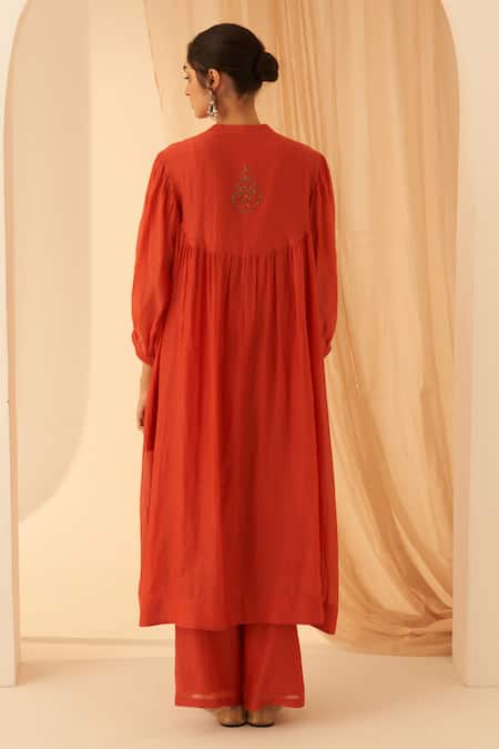 Shop Janki India Coral Chanderi, Cotton Embroidery Collared Cross Stitch Kurta Set at Aza Fashions Shop_Janki India_Coral Chanderi, Cotton Embroidery Collared Cross Stitch Kurta Set _at_Aza_Fashions