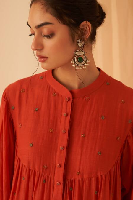 Buy Janki India Coral Chanderi, Cotton Embroidery Collared Cross Stitch Kurta Set Online at Aza Fashions Buy_Janki India_Coral Chanderi, Cotton Embroidery Collared Cross Stitch Kurta Set _Online_at_Aza_Fashions
