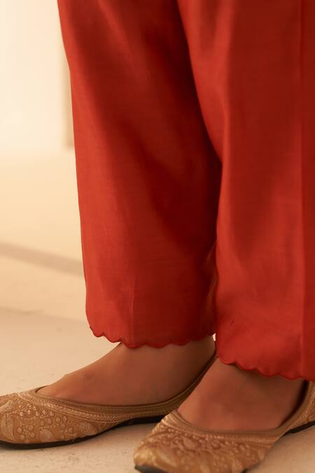 Janki India Rust Chanderi, Organza Embroidery Round Neck Resham Kurta Set Online at Aza Fashions Janki India_Rust Chanderi, Organza Embroidery Round Neck Resham Kurta Set _Online_at_Aza_Fashions