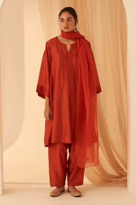 JANKI INDIA Rust Chanderi Resham Embroidered Kurta Set 