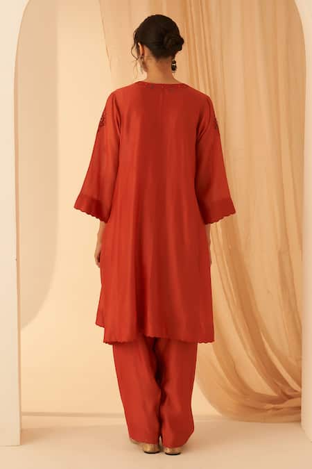 Shop Janki India Rust Chanderi, Organza Embroidery Round Neck Resham Kurta Set at Aza Fashions Shop_Janki India_Rust Chanderi, Organza Embroidery Round Neck Resham Kurta Set _at_Aza_Fashions