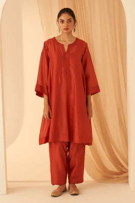 Buy Janki India Rust Chanderi, Organza Embroidery Round Neck Resham Kurta Set Online at Aza Fashions Buy_Janki India_Rust Chanderi, Organza Embroidery Round Neck Resham Kurta Set _Online_at_Aza_Fashions