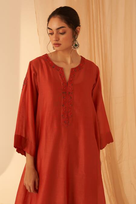 Shop Janki India Rust Chanderi, Organza Embroidery Round Neck Resham Kurta Set Online at Aza Fashions Shop_Janki India_Rust Chanderi, Organza Embroidery Round Neck Resham Kurta Set _Online_at_Aza_Fashions